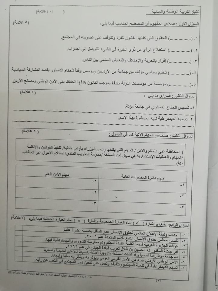 بالصور نموذج B وكالة اختبار الجغرافيا و التربية الوطنية النهائي للصف التاسع الفصل الاول 2018